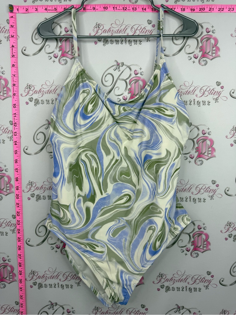Hurley one piece Swirl Print swoop Neck Bodysuit — Green, Blue & Cream swim pool